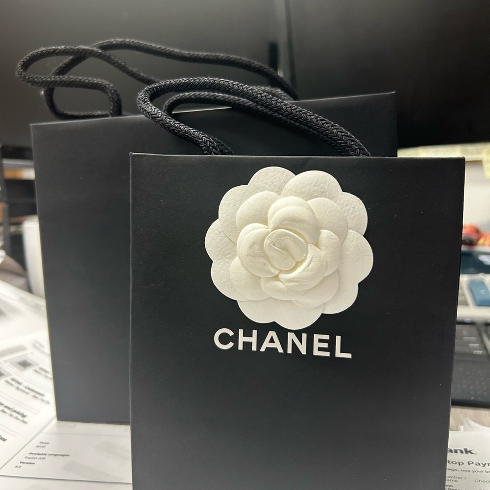 Chanel Black Gift Bag with White Camila Flower